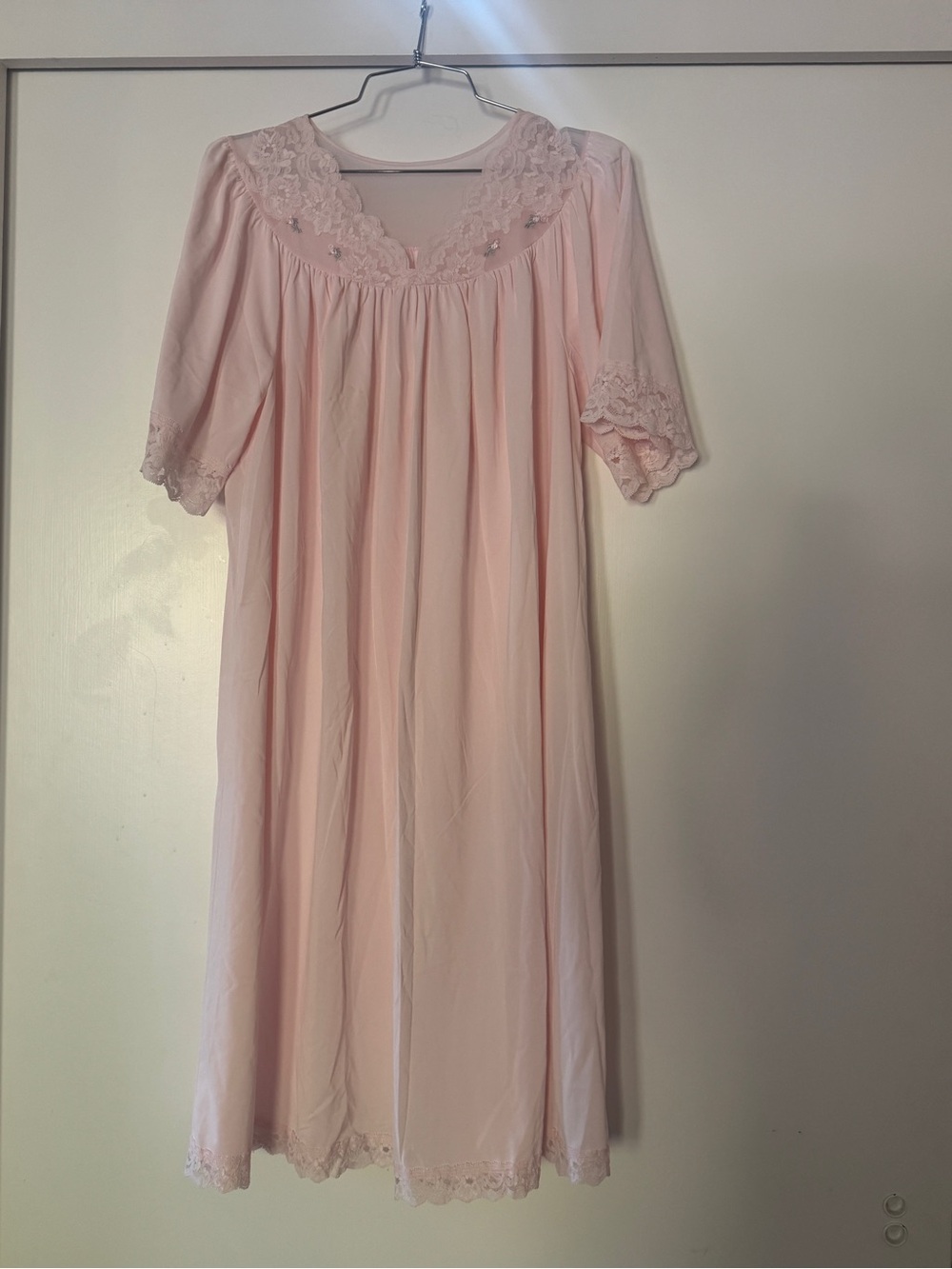 Pink Nylon and Lace Vintage Shadowline Midi Nightgown Med